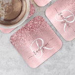 Blush Pink Brushed Metal Glitter Monogram Name Square Paper Coaster<br><div class="desc">Easily personalise this trendy chic paper coaster design featuring pretty blush pink sparkling glitter on a blush pink brushed metallic background.</div>