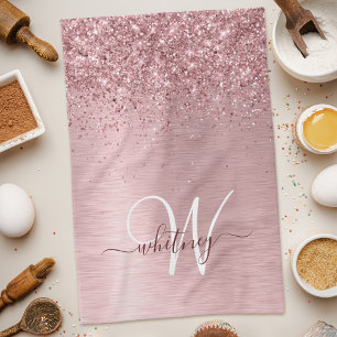 Blush Pink Brushed Metal Glitter Monogram Name Tea Towel
