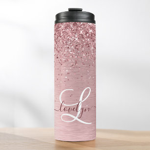 Blush Pink Brushed Metal Glitter Monogram Name Thermal Tumbler