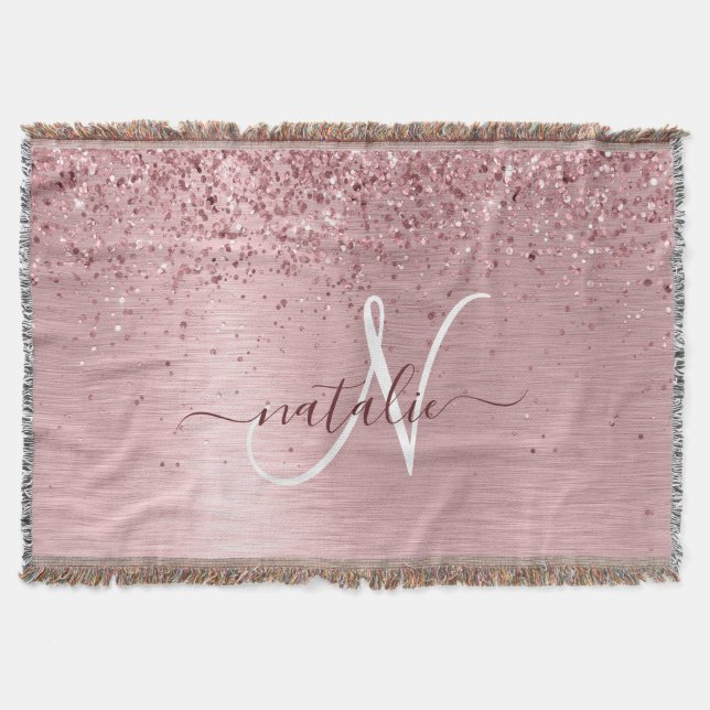 Blush Pink Brushed Metal Glitter Monogram Name Throw Blanket (Front)