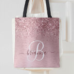 Blush Pink Brushed Metal Glitter Monogram Name Tote Bag<br><div class="desc">Easily personalise this trendy chic tote bag design featuring pretty silver sparkling glitter on a rose gold brushed metallic background.</div>