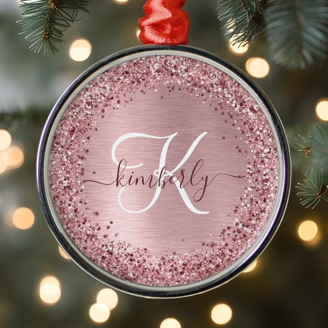 Blush Pink Brushed Metal Glitter Monogram Name Tree Decoration (Creator Uploaded)