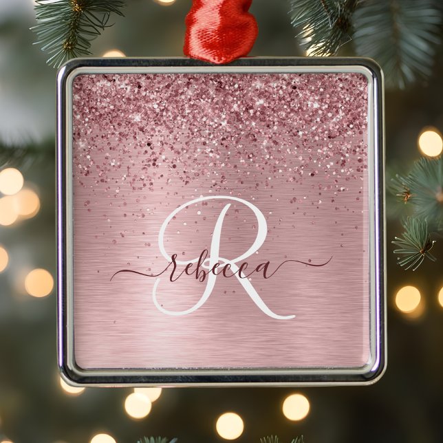 Blush Pink Brushed Metal Glitter Monogram Name Tree Decoration (Creator Uploaded)