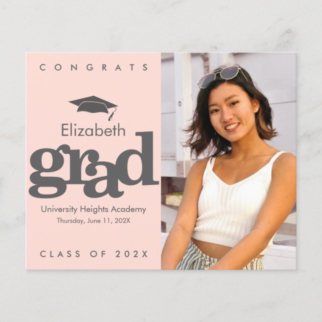 Blush Pink Budget Photo Grad Grey Cap Invitation (Front)