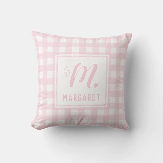 Blush Pink Buffalo Plaid Monogram Girls Name Cushion (Front)