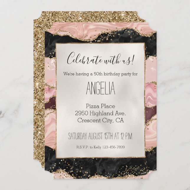 Blush Pink Burgundy Black Glitzy Glitter Invitation (Front/Back)
