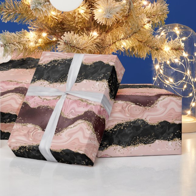 Blush Pink Burgundy Black Glitzy Glitter Wrapping Paper (Holidays)