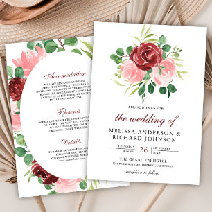 Blush Pink Burgundy Floral All in One Wedding Invitation