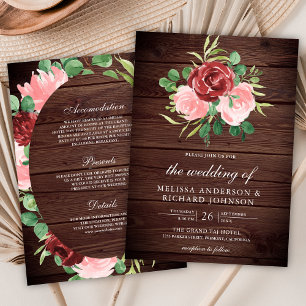 Blush Pink Burgundy Floral All in One Wood Wedding Invitation