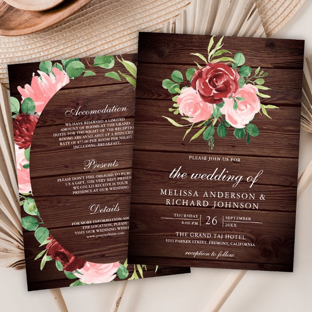 Blush Pink Burgundy Floral All in One Wood Wedding Invitation (Creator Uploaded)
