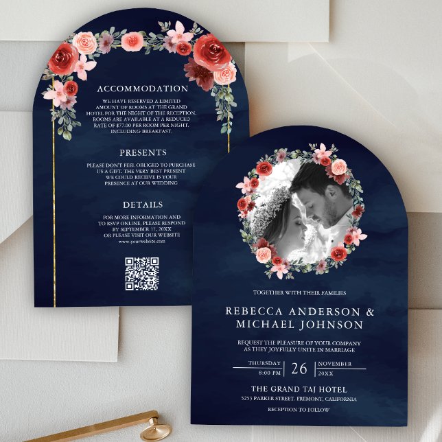 Blush Pink Burgundy Floral Arch Photo Navy Wedding Invitation (Creator Uploaded)