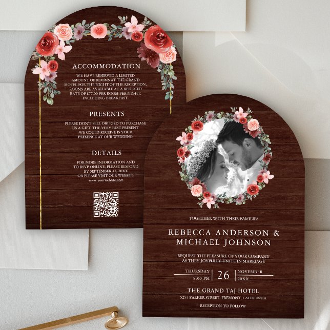 Blush Pink Burgundy Floral Arch Photo Wood Wedding Invitation (Creator Uploaded)
