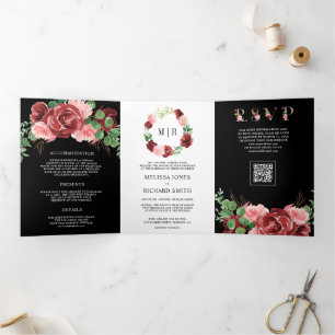 Blush Pink Burgundy Floral Black QR Code Wedding Tri-Fold Invitation