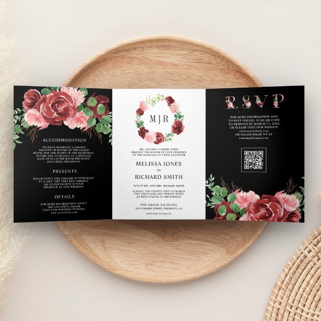 Blush Pink Burgundy Floral Black QR Code Wedding Tri-Fold Invitation (Creator Uploaded)