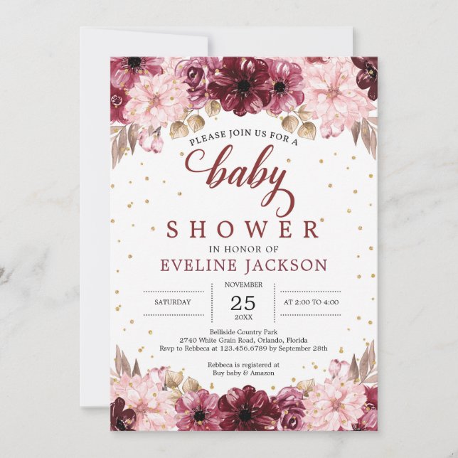 Blush pink burgundy floral boho girl baby shower invitation (Front)