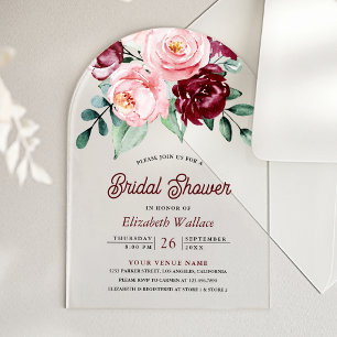 Blush Pink Burgundy Floral Bridal Shower Acrylic Invitations