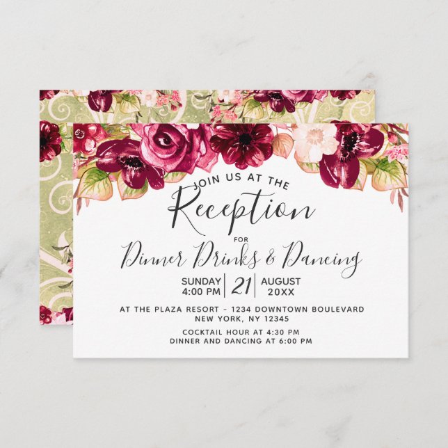 Blush Pink Burgundy Floral Drop Wedding Reception Invitation (Front/Back)