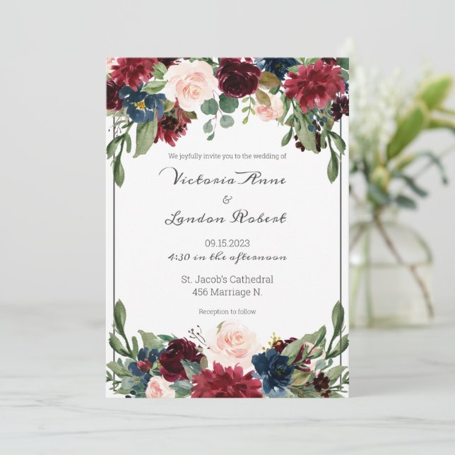 Blush Pink Burgundy Floral Elegant Script Wedding Invitation (Standing Front)