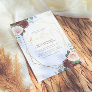 Blush Pink & Burgundy Floral Gold Greenery Wedding Invitation