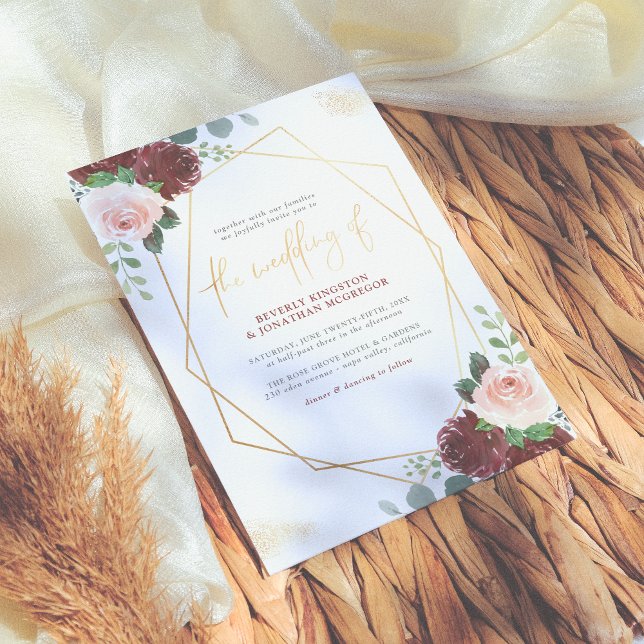 Blush Pink & Burgundy Floral Gold Greenery Wedding Invitation (Creator Uploaded)