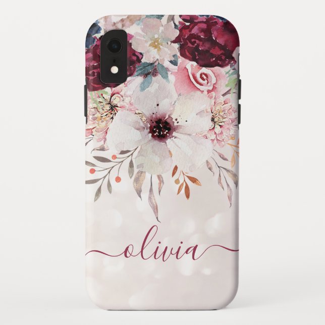 Blush Pink Burgundy Floral iPhone XR Case (Back)