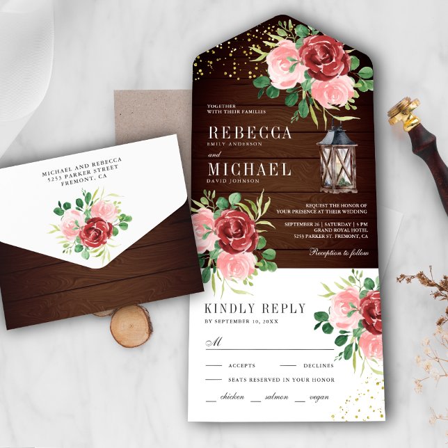 Blush Pink Burgundy Floral Lantern Wood Wedding All In One Invitation (Creator Uploaded)