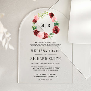 Blush Pink Burgundy Floral Navy Blue Wedding Acrylic Invitations