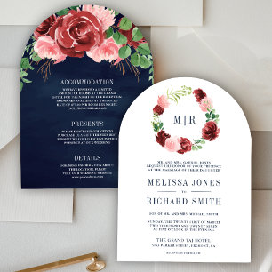 Blush Pink Burgundy Floral Navy Blue Wedding Invitation
