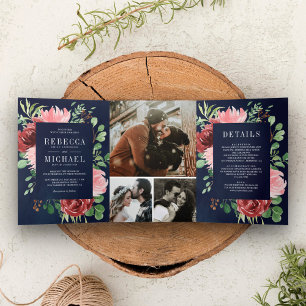 Blush Pink Burgundy Floral Navy Blue Wedding Tri-Fold Invitation