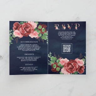 Blush Pink Burgundy Floral Navy QR Code Wedding Invitation