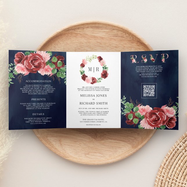 Blush Pink Burgundy Floral Navy QR Code Wedding Tri-Fold Invitation (Creator Uploaded)