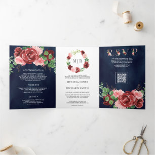 Blush Pink Burgundy Floral Navy QR Code Wedding Tri-Fold Invitation