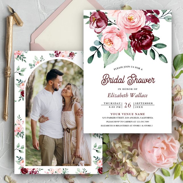 Blush Pink Burgundy Floral Photo Bridal Shower Invitation (Creator Uploaded)