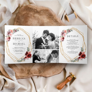  Blush Pink Burgundy Floral Photo Collage Wedding Tri-Fold Invitation