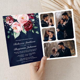 Blush Pink Burgundy Floral QR Code Navy Wedding Invitation