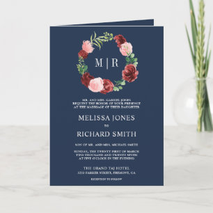 Blush Pink Burgundy Floral QR Code Navy Wedding Invitation