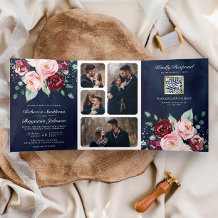Blush Pink Burgundy Floral QR Code Navy Wedding Tri-Fold Invitation