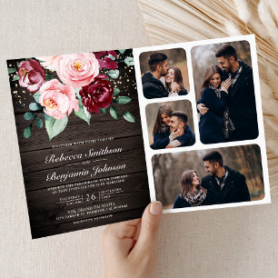 Blush Pink Burgundy Floral QR Code Wood Wedding Invitation