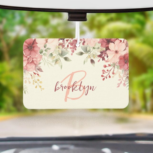 Blush Pink Burgundy Floral Script Monogram Car Air Freshener (Creator Uploaded)