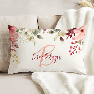 Blush Pink Burgundy Floral Script Monogram Decorative Cushion