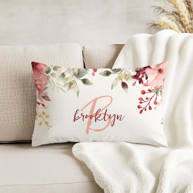 Blush Pink Burgundy Floral Script Monogram  Decorative Cushion (Creator Uploaded)