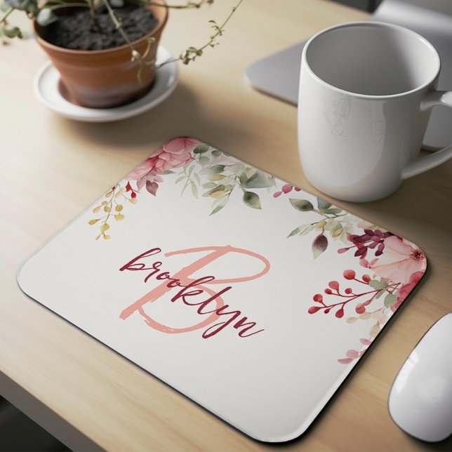 Blush Pink Burgundy Floral Script Monogram  Mouse Pad (Creator Uploaded)
