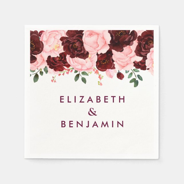 Blush Pink & Burgundy Floral Watercolor Wedding Napkin (Front)