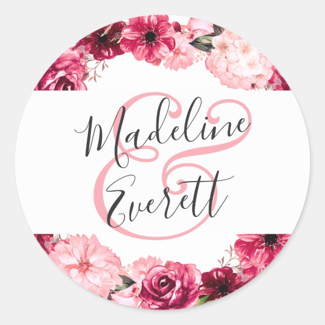 Blush Pink Burgundy Floral Wreath Monogram Wedding Classic Round Sticker (Front)