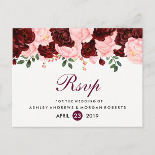 Blush Pink Burgundy Flowers Wedding RSVP Invitation Postcard