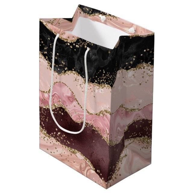 Blush Pink Burgundy Gold Black Glitter Medium Gift Bag (Front Angled)