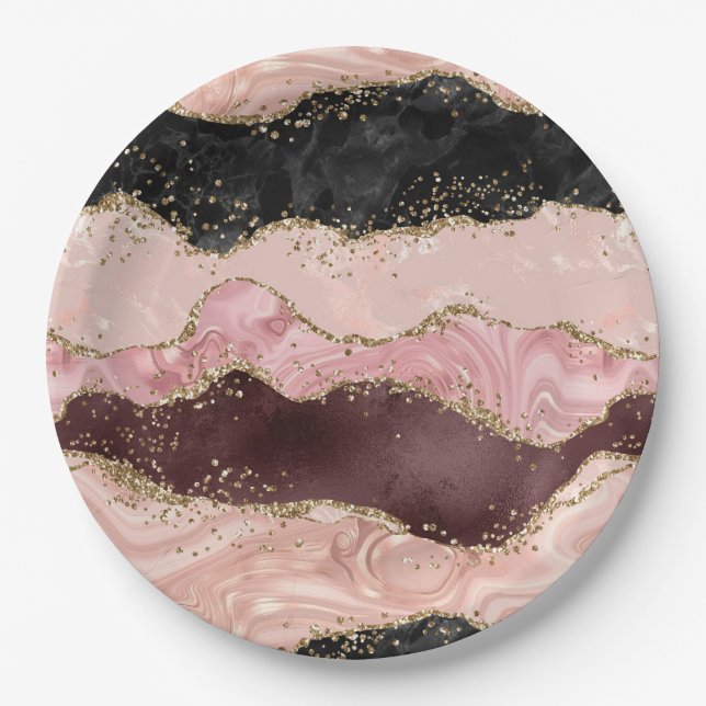 Blush Pink Burgundy Gold Black Glitter Paper Plate (Front)