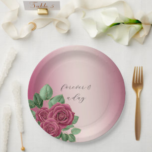 Blush Pink Burgundy Gold Roses Wedding Leaves Paper Plate
