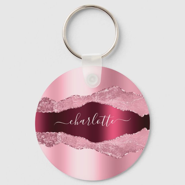 Blush pink burgundy metal agate marble name key ring (Front)