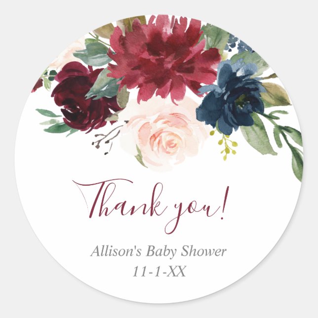 Blush pink burgundy navy blue floral elegant classic round sticker (Front)